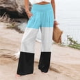 thumbnail image 1 of Plus Size Wide Leg Pants for Women Smocked High Waist Lounge Trousers with Pockets Color Block Linen Loose Ankle Length Pant, 1 of 6