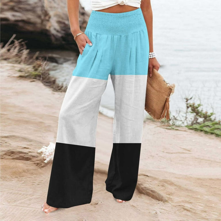 Deals Plus Size Wide Leg Pants for Women Smocked High Waist Lounge Trousers with Pockets Color Block Linen Loose Ankle Length Pant