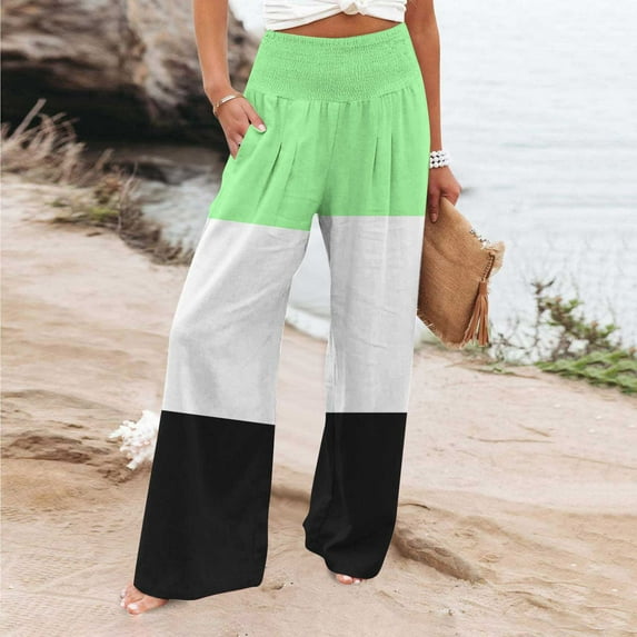 Plus Size Wide Leg Pants for Women Smocked High Waist Lounge Trousers with Pockets Color Block Linen Loose Ankle Length Pant