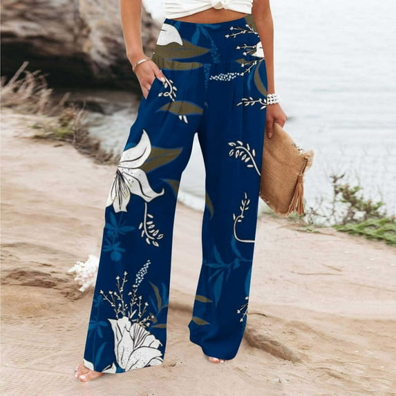 Plus Size Wide Leg Pants for Women Smocked High Waist Lounge Trousers with Pockets Floral Printed Linen Loose Ankle Length Pant