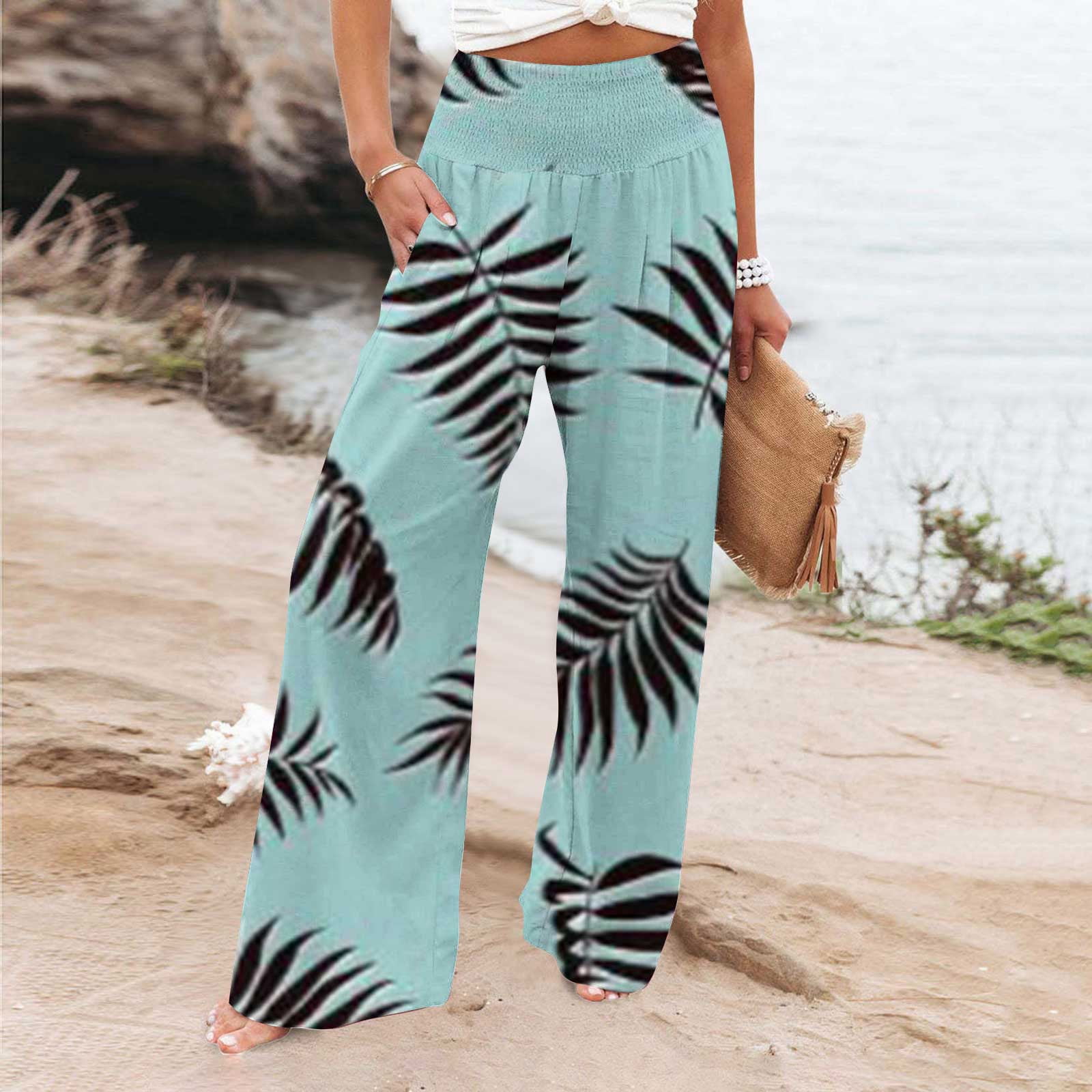 8YARDS Lounge Trousers サイズXL Plus Size Wide Leg Pants for Women Smocked High Waist Lounge