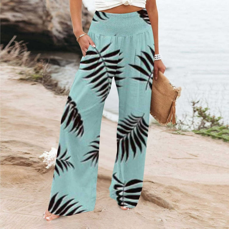 Plus Size Wide Leg Pants for Women Smocked High Waist Lounge