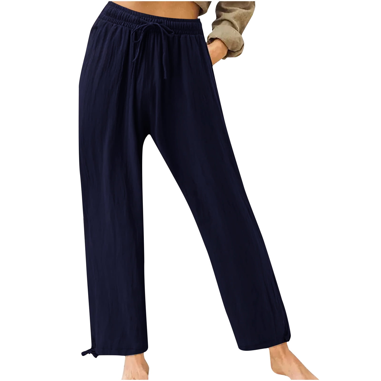 Plus Size Wide Leg Pants for Women Summer Casual Loose Fitting Lounge Pant  Slacks Trousers Drawstring Solid Color (Small, Dark Blue) 