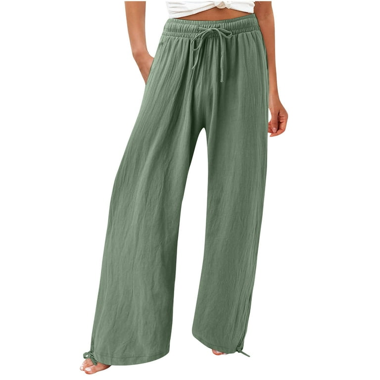 Plus Size Wide Leg Pants for Women Summer Casual Loose Fitting Lounge Pant  Slacks Trousers Drawstring Solid Color (Small, Green) 