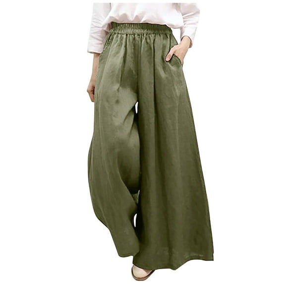 Plus Size Wide Leg Pants for Women Summer Elastic Waist Casual Loose Flowy Beach Palazzo Long Pants Trousers with Pocket