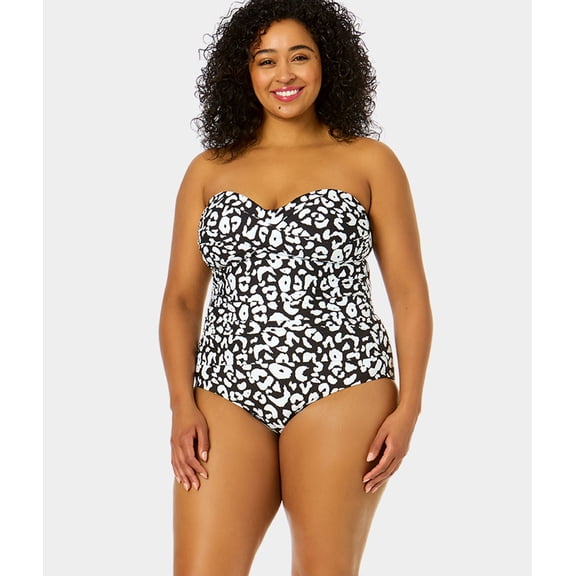 Anne Cole WILD CAT Plus Size Crossover Bandeau Ruched One Piece Swimsuit, US 16W