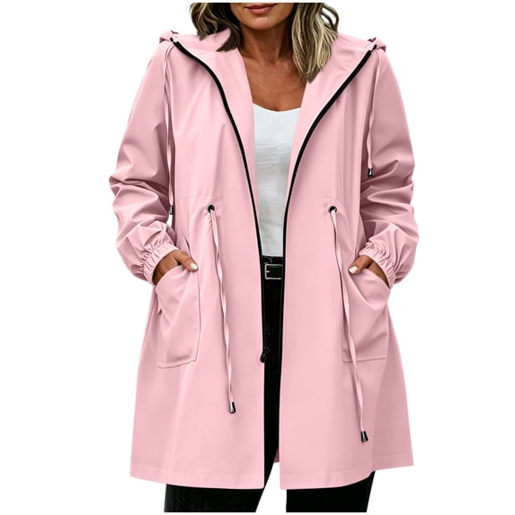 Plus Size Windproof Raincoats Womens Waterproof Trench Jackets with Pockets Drawstring Hooded Outdoor Coats Pink, 2XL