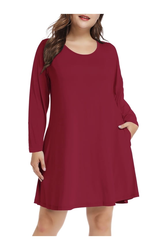 Plus Size Wine Red Dresses 1X for Women, VEPKUL Crew Neck T Shirt Dress Long Sleeve Casual Loose Swing Fall Dress with Pockets
