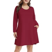 Plus Size Wine Red Dresses 4X for Women, VEPKUL Crew Neck T Shirt Dress 2024 Long Sleeve Casual Loose Swing Fall Dress with Pockets