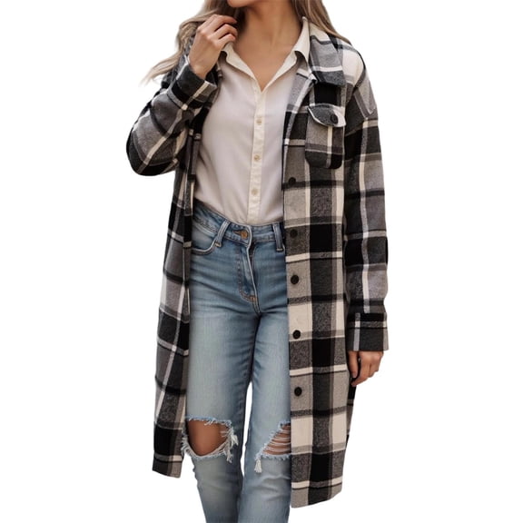 Plus Size Winter Coat Long Plaid Coat Casual Autumn Winter Fashion Outerwear Soft Warm Lightweight Comfortable Stylish Versatile Everyday Layering Piece
