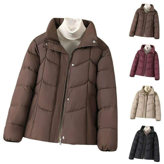 Plus Size Winter Coat for Women Solid Color Long-Sleeved Hoodless Zipper Jacket Hooded Puffer Jacket(Coffee 2XL)