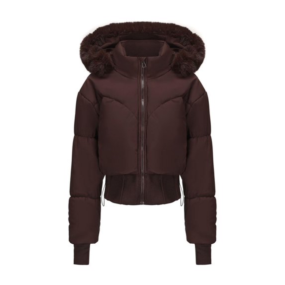 Plus Size Winter Coat for Women Solid Color Thumb Hole Jacket Long Sleeved Hooded Short Zipper Parkas Hooded Puffer Jacket(Brown XL)