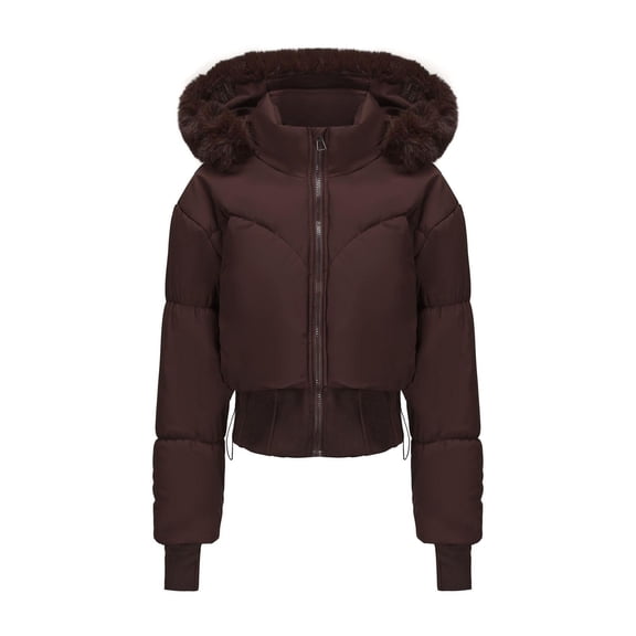 Plus Size Winter Coat for Women Solid Color Thumb Hole Jacket Long Sleeved Hooded Short Zipper Parkas Hooded Puffer Jacket(Brown XL)