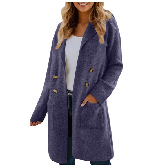 Plus Size Winter Coat for Women Warm Thick Wool Trench Long Double Lapel Front Jacket with Pockets Stylish Outerwear