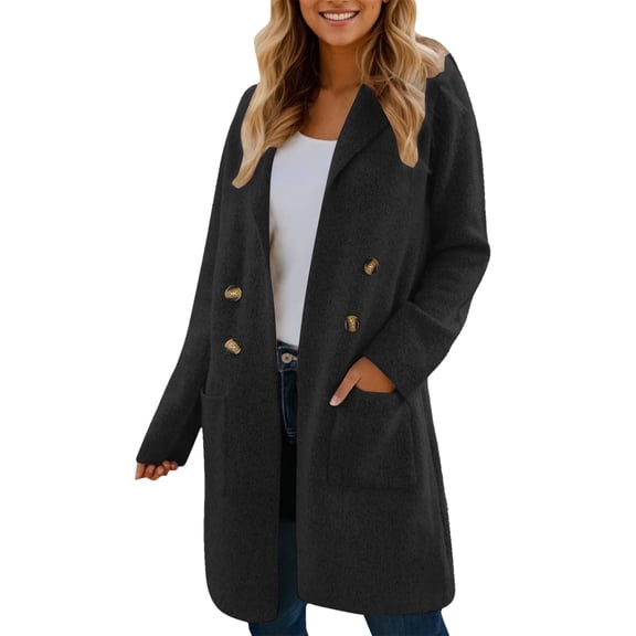 Plus Size Winter Coat for Women Warm Thick Wool Trench Long Double Lapel Front Jacket with Pockets Stylish Outerwear