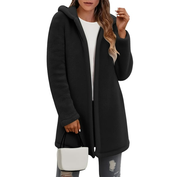 Plus Size Winter Coats for Women, Women Warm Soft Fleece Jacket Casual Comfy Jacket Fuzzy Hooded Cardigan Outerwear Tops,Winter Zipper Overcoat Outerwear Black_XL