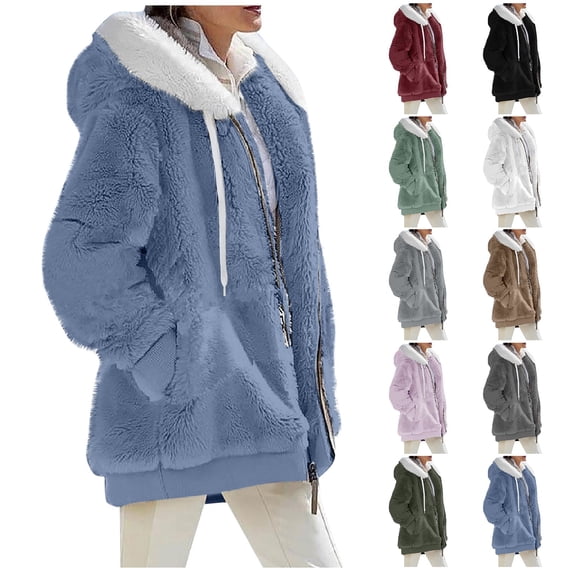 Plus Size Winter Coats for Women Full Zip Oversized Fleece Sherpa Jacket Drawstring Fuzzy Hooded Outerwear w/Pockets Mint Green 2XL