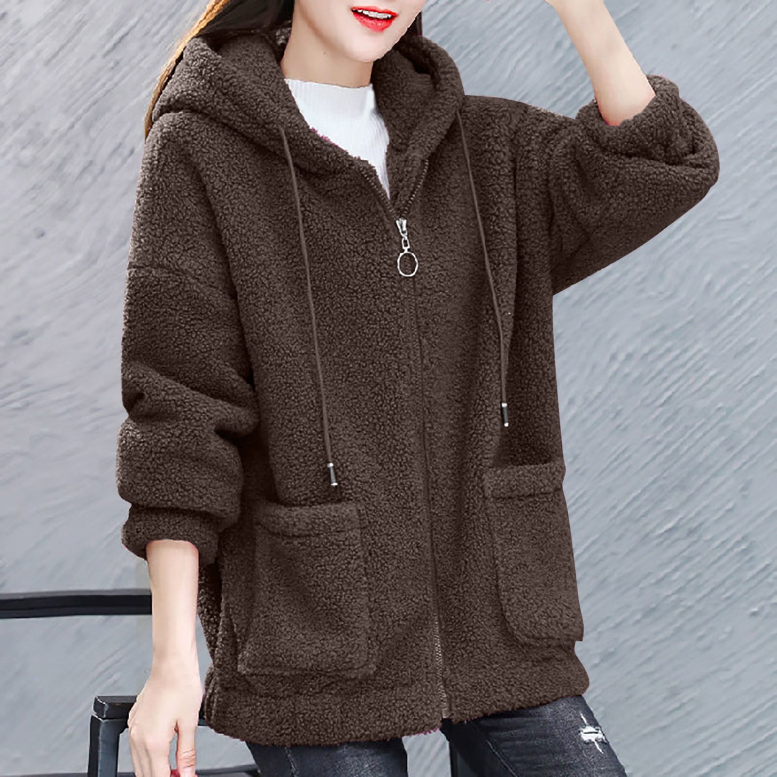 Plus Size Winter Coats for Women M-5X with Pockets and Hooded Fleece Full Zipper Jackets Casual Long Sleeve Loose Solid Warm Outerwear Coat