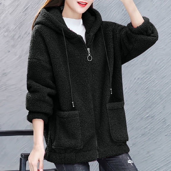 Plus Size Winter Coats for Women M-5X with Pockets and Hooded Fleece Full Zipper Jackets Casual Long Sleeve Loose Solid Warm Outerwear Coat Clearance