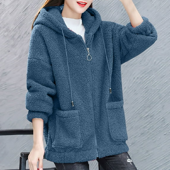 Plus Size Winter Coats for Women M-5X with Pockets and Hooded Fleece Full Zipper Jackets Casual Long Sleeve Loose Solid Warm Outerwear Coat