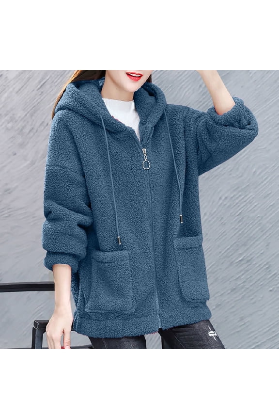 Plus Size Winter Coats for Women M-5X with Pockets and Hooded Fleece Full Zipper Jackets Casual Long Sleeve Loose Solid Warm Outerwear Coat