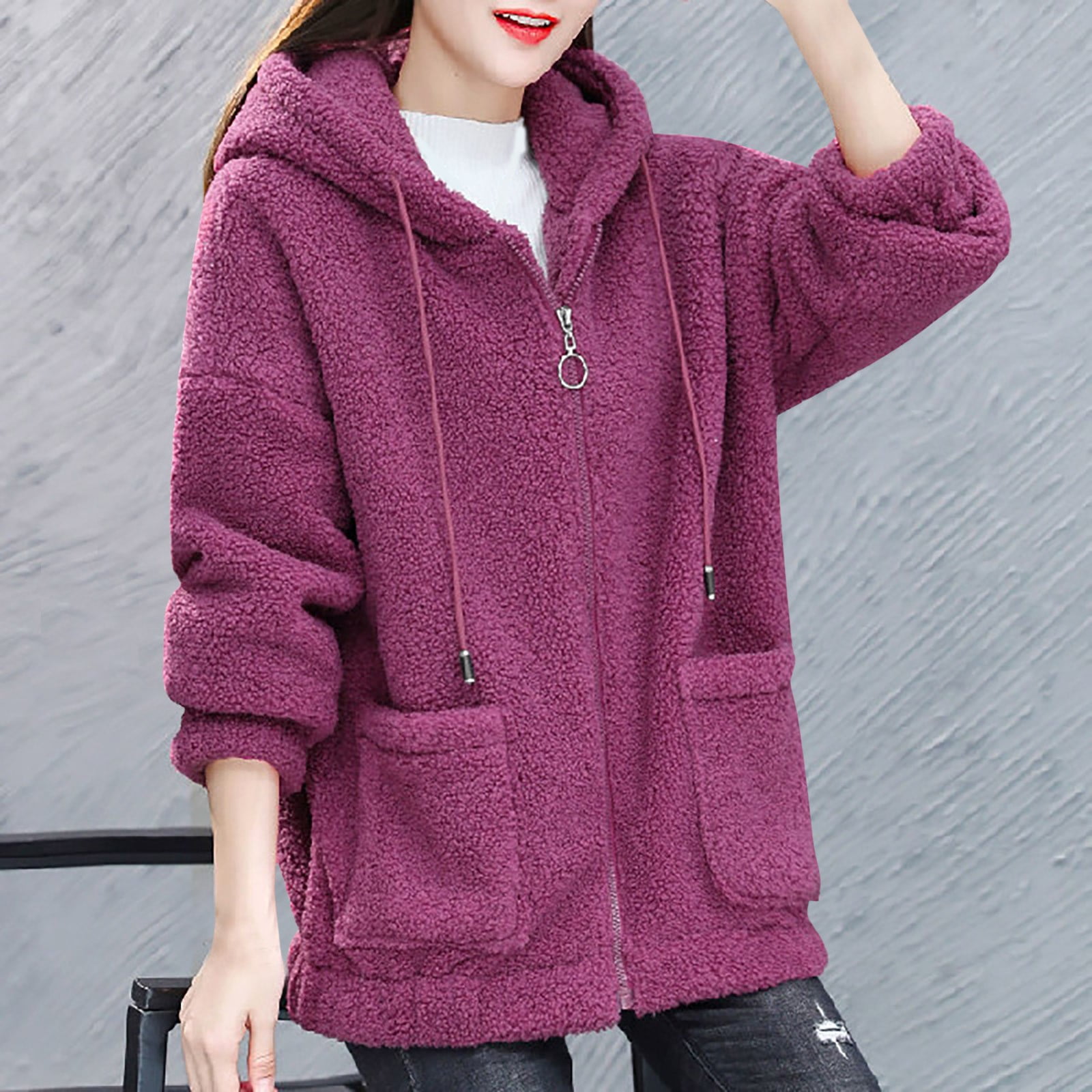 Plus Size Winter Coats for Women M-5X with Pockets and Hooded Fleece Full Zipper Jackets Casual Long Sleeve Loose Solid Warm Outerwear Coat