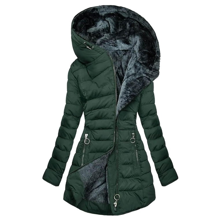 Plus Size Winter Jackets Mid Length Women Hooded Thick Fleece Lined Zip-up  Long Puffer Coat Plush Warm Tunic Overcoat (XX-Large, Green)