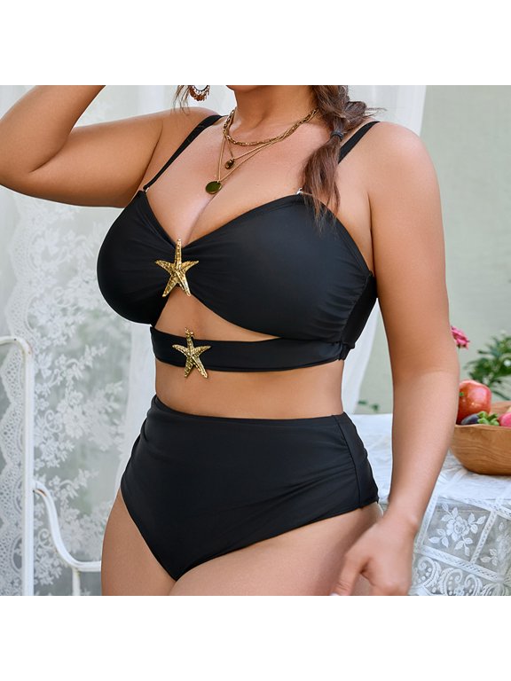 Plus Size Women 2 Piece High Waisted Bikini Sets with Removable Strap Swimsuits Hollow out Bathing Suit Beach Summer Vacation Set String Bikini Underwear for Women Black 4XL