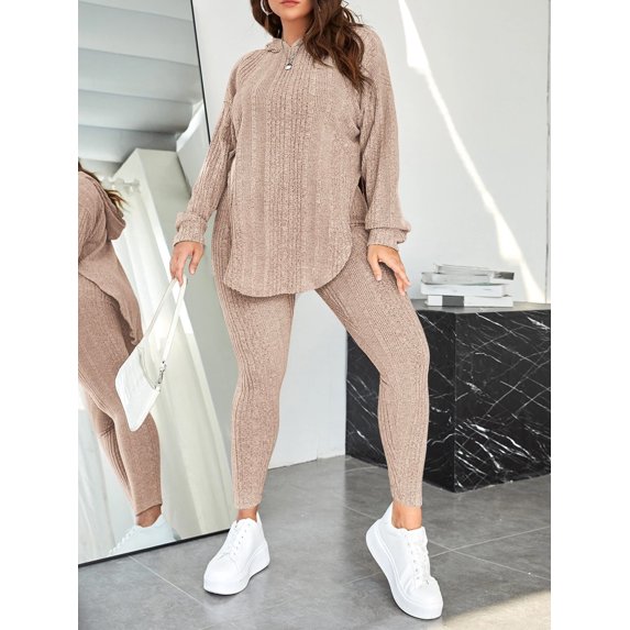 Plus Size Women 2 Piece Outfit, Ribbed Knit Hooded Long Sleeve Top and High Waist Leggings Set