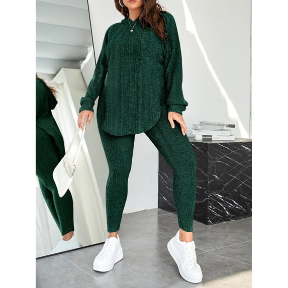 Plus Size Women 2 Piece Outfit, Ribbed Knit Hooded Long Sleeve Top and High Waist Leggings Set