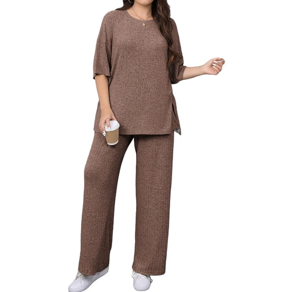 Plus Size Women 2 Piece Solid Casual Sets Short Sleeve Tops and Wide Leg Pants Outfit