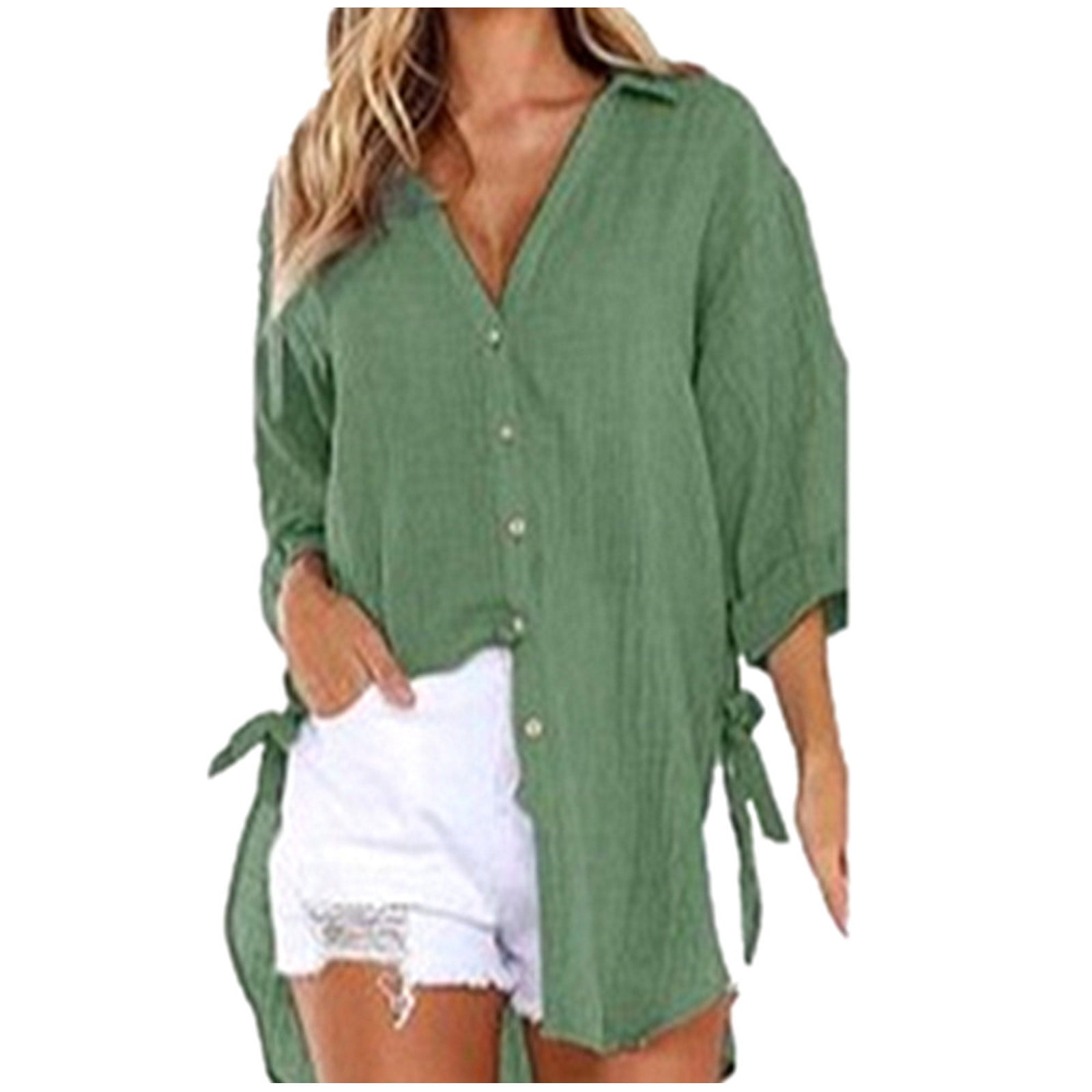 Plus Size Women 3/4 Sleeve Button Down Linen Shirts V Neck Side Split ...