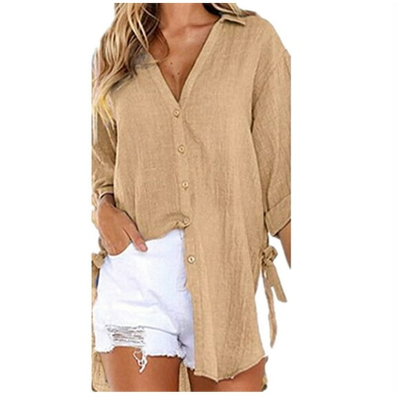 Plus Size Women 3/4 Sleeve Button Down Linen Shirts V Neck Side Split Tie Solid Color Tops Casual Loose Fit Blouses(4X-Large,Beige)