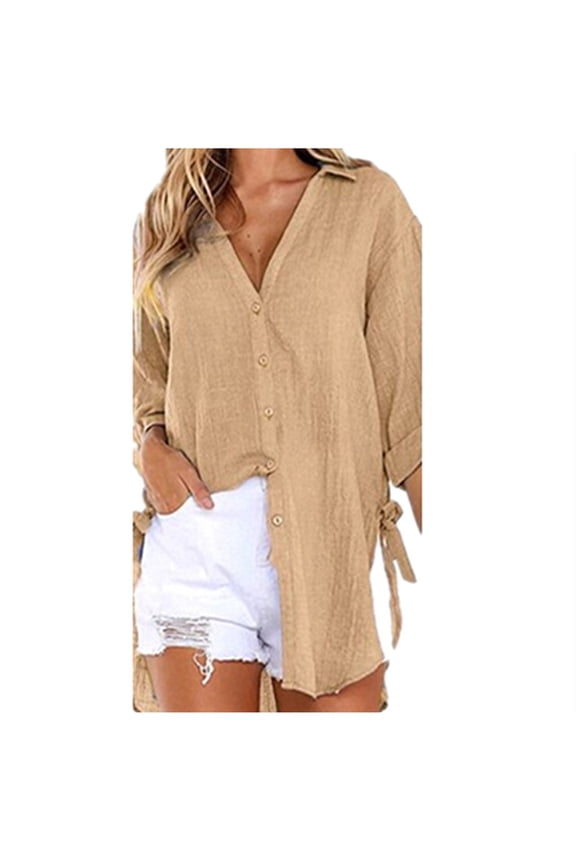 Plus Size Women 3/4 Sleeve Button Down Linen Shirts V Neck Side Split Tie Solid Color Tops Casual Loose Fit Blouses(4X-Large,Beige)