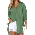 thumbnail image 1 of Plus Size Women 3/4 Sleeve Button Down Linen Shirts V Neck Side Split Tie Solid Color Tops Casual Loose Fit Blouses(5X-Large,Green), 1 of 5