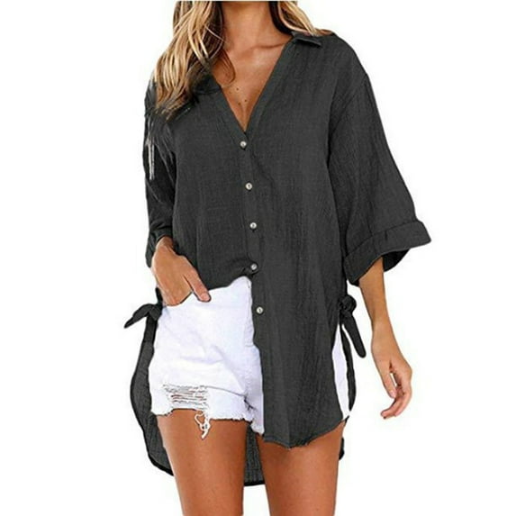 Plus Size Women 3/4 Sleeve Button Down Linen Shirts V Neck Side Split Tie Solid Color Tops Casual Loose Fit Blouses(Small,Black)