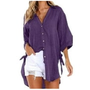 JSKUMAR Plus Size Women 3/4 Sleeve Button Down Linen Shirts V Neck Side Split Tie Solid Color Tops Casual Loose Fit Blouses(X-Large,Purple)