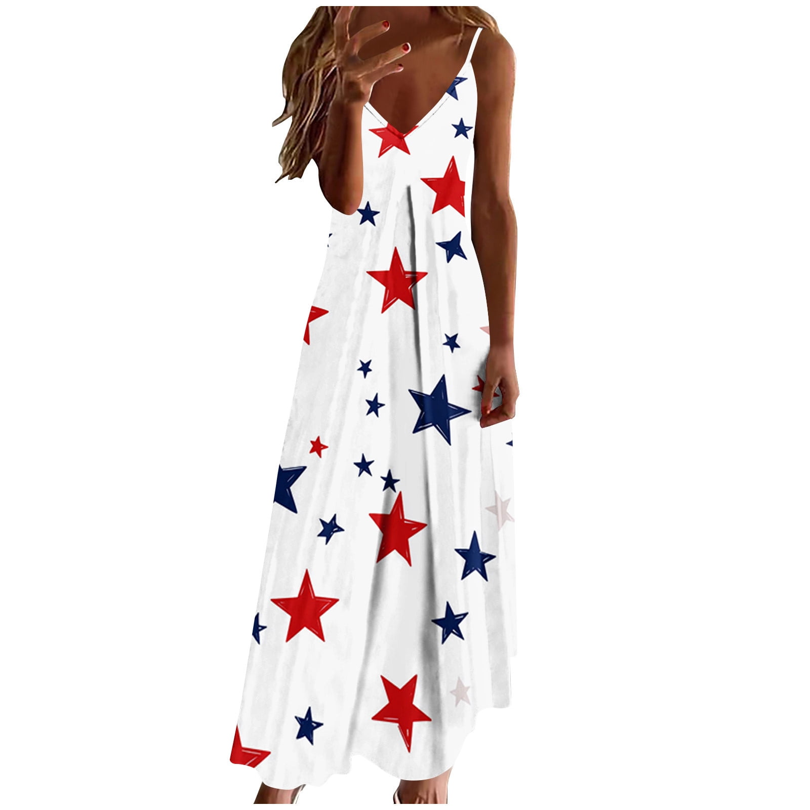 Plus Size Women 4th of July Sleeveless Dress Patriotic V Neck Maxi Dresses Spaghetti Strap Beach Long Dresses