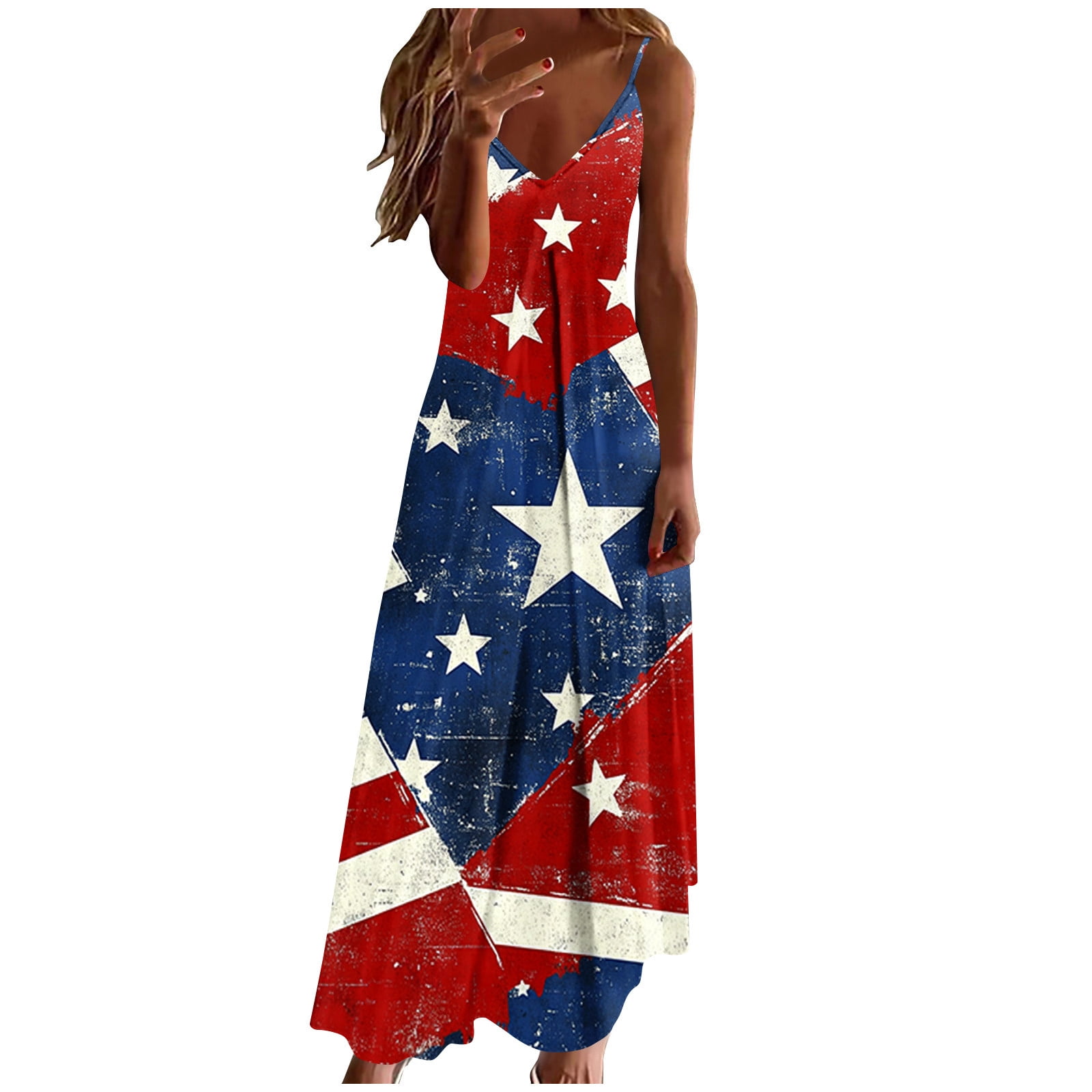 Plus Size Women 4th of July Sleeveless Dress Patriotic V Neck Maxi Dresses Spaghetti Strap Beach Long Dresses