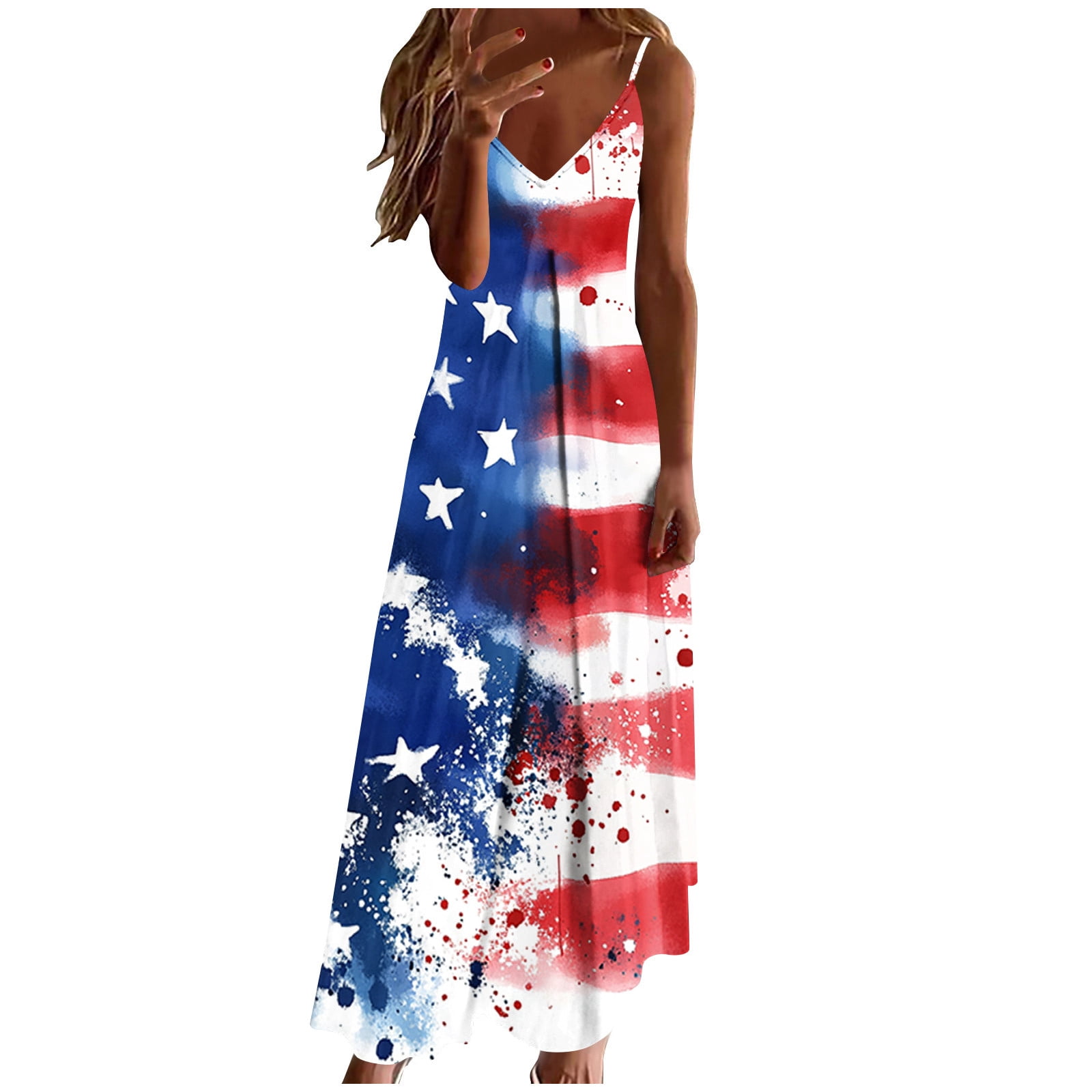 Plus Size Women 4th of July Sleeveless Dress Patriotic V Neck Maxi Dresses Spaghetti Strap Beach Long Dresses