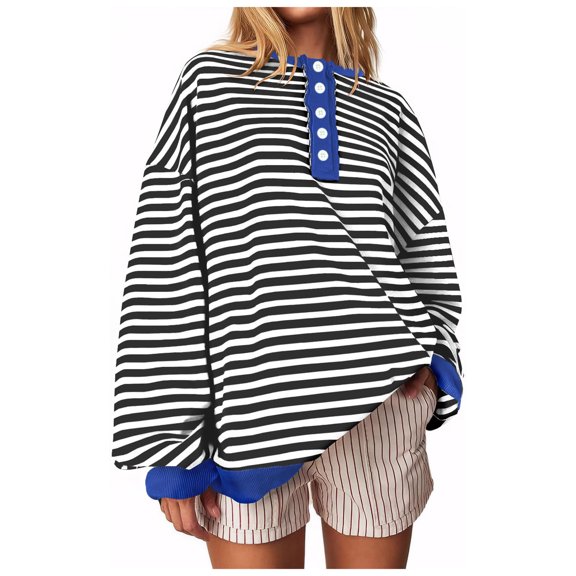 Plus Size Women Blouses Winter Fall Loose Fit Crewneck Long Sleeve Puff One Shoulder Button Up Stripe Leisure Polyester Tops Top(Black,L)
