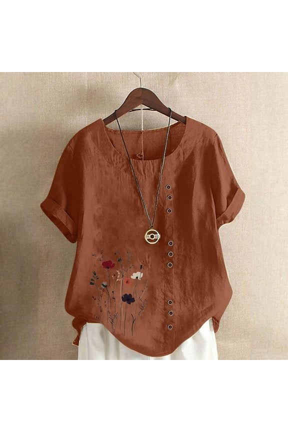 Plus Size Women Blouses Women Casual And Linen Round-Neck Printed Short Sleeve Button T-shirt Blouse Tops for Women Coffee 2XL