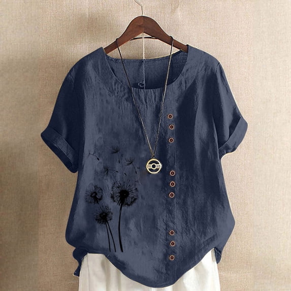 Plus Size Women Blouses Women Casual And Linen Round-Neck Printed Short Sleeve Button T-shirt Blouse Tops for Women Navy 2XL