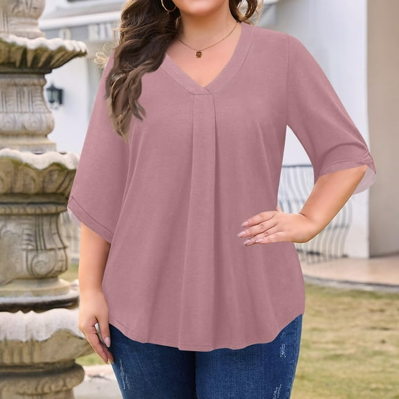 Plus Size Women Blouses Womens Plus Size Tops 3/4 Sleeve Dressy Chiffon Blouse Summer Work Tunic Casual Flowy Shirt S-5xl 10-Pink Xxxxl