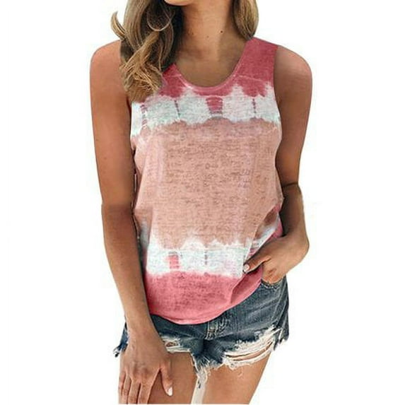Plus Size Women Boho Sleeveless Tank Blouse Ladies Casual Summer Beach Vest Tops Holiday Tie-dye Gradient Cami Vest Tank Tops