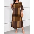 thumbnail image 1 of Plus Size Women Brown Plaid Digital Print Round Neck 3/4 Sleeve Mid-Length Casual Resort Dress, 1 of 6