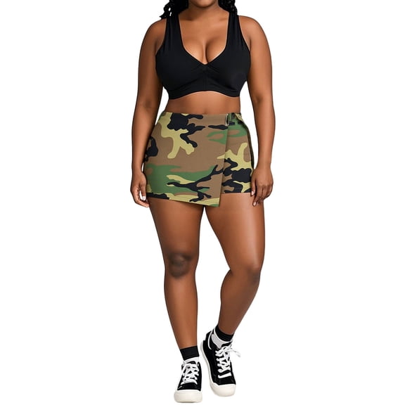 Plus Size Women Camo Skirt Slim Fit Camouflage Cargo Skirts Casual Army Fatigue Shorts with Pockets GN2 S