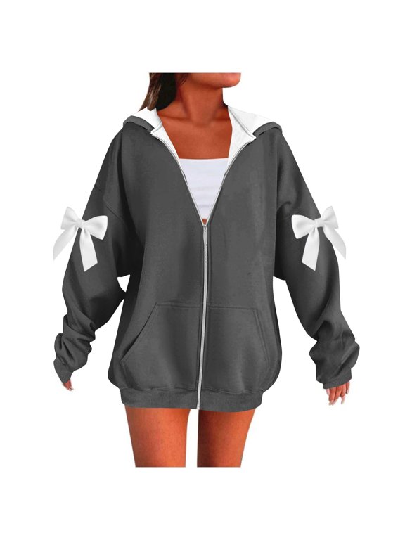 Plus Size Women Cardigan Bow Zip Up Casual Hoodie Jackets Loose Drop Shoulder Athletic Jackets with Pockets Gray S