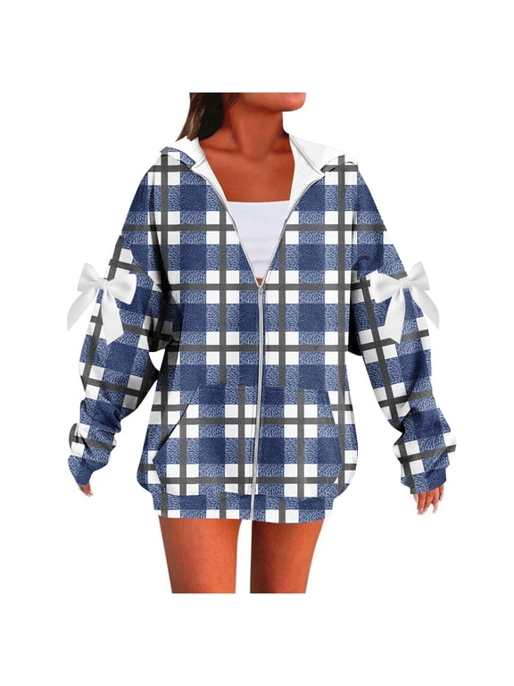 Plus Size Women Cardigan Bow Zip Up Casual Hoodie Jackets Plaid Loose Oversized Jackets with Pockets Navy 2XL