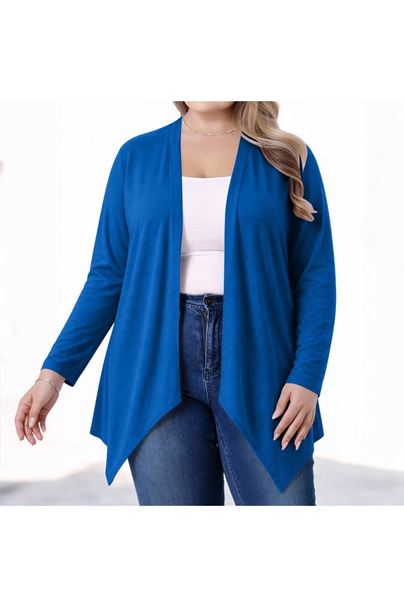 Plus Size Women Cardigan Open Front Knit Outerwear, Long Sleeve Asymmetric Hem Lightweight Coat for All Season Wear Blue Oversized Zip up Hoodies for Women XL